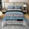 Lake House 100% Cotton Duvet Cover Queen Size, Farmhouse Lake Paddle Comforter Cover Rustic Wooden Stripes Bedding Set, Kids Lake House Decor Camping Bed Set Lake Theme Room Decor, Blue White Brown view 1