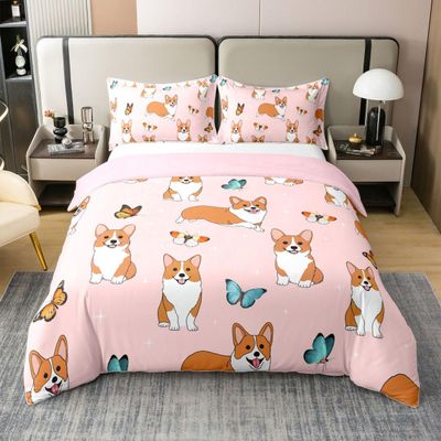 Cute Corgi 100% Cotton Duvet Cover Queen for Girls Kawaii Dog Bedding Set, Cartoon Puppy Pugs Comforter Cover with Zipper Closure Pet Themed Bed Sets, Animal Bedding for Boys Kids Teens Bedroom