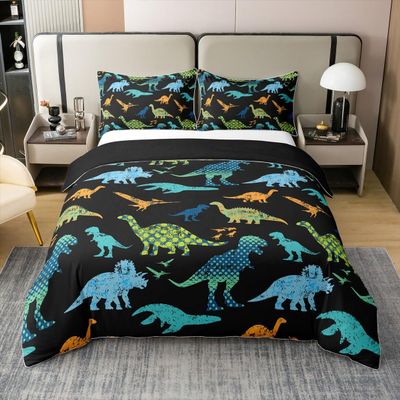100% Natural Cotton Dinosaur Comforter Cover Cartoon Dinosaur Bedding Set Ancient Animal Quilt Cover Colorful Rainbow Iridescent Batik Duvet Cover, Black 3 Pcs King Size with Zipper Closure