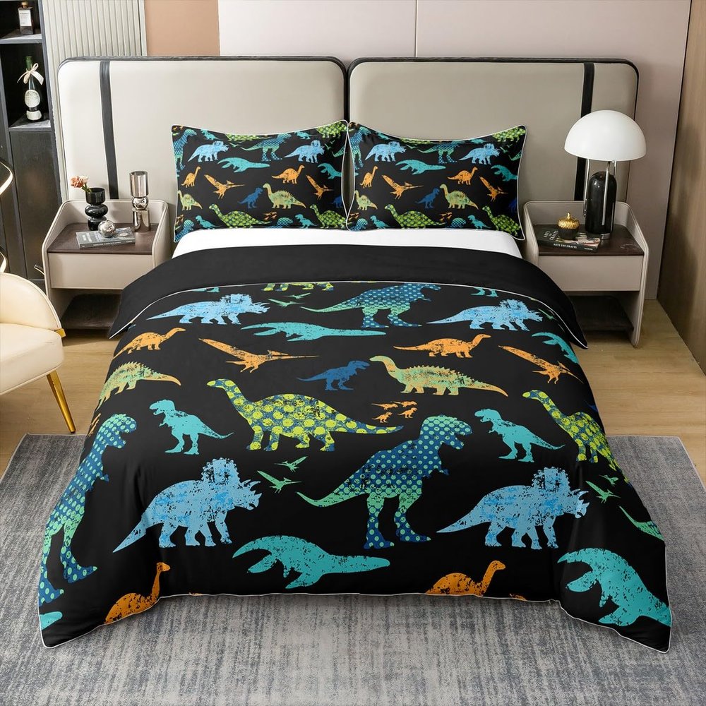 100% Natural Cotton Dinosaur Comforter Cover Cartoon Dinosaur Bedding Set Ancient Animal Quilt Cover Colorful Rainbow Iridescent Batik Duvet Cover, Black 3 Pcs King Size with Zipper Closure