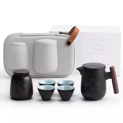 Travel Tea Set, Chinese Tea Pot Cup Set Handmade Portable Travel Kungfu Tea Sets Travel Ceramic Tea Set Portable All In One Storage Box (Color : Black)