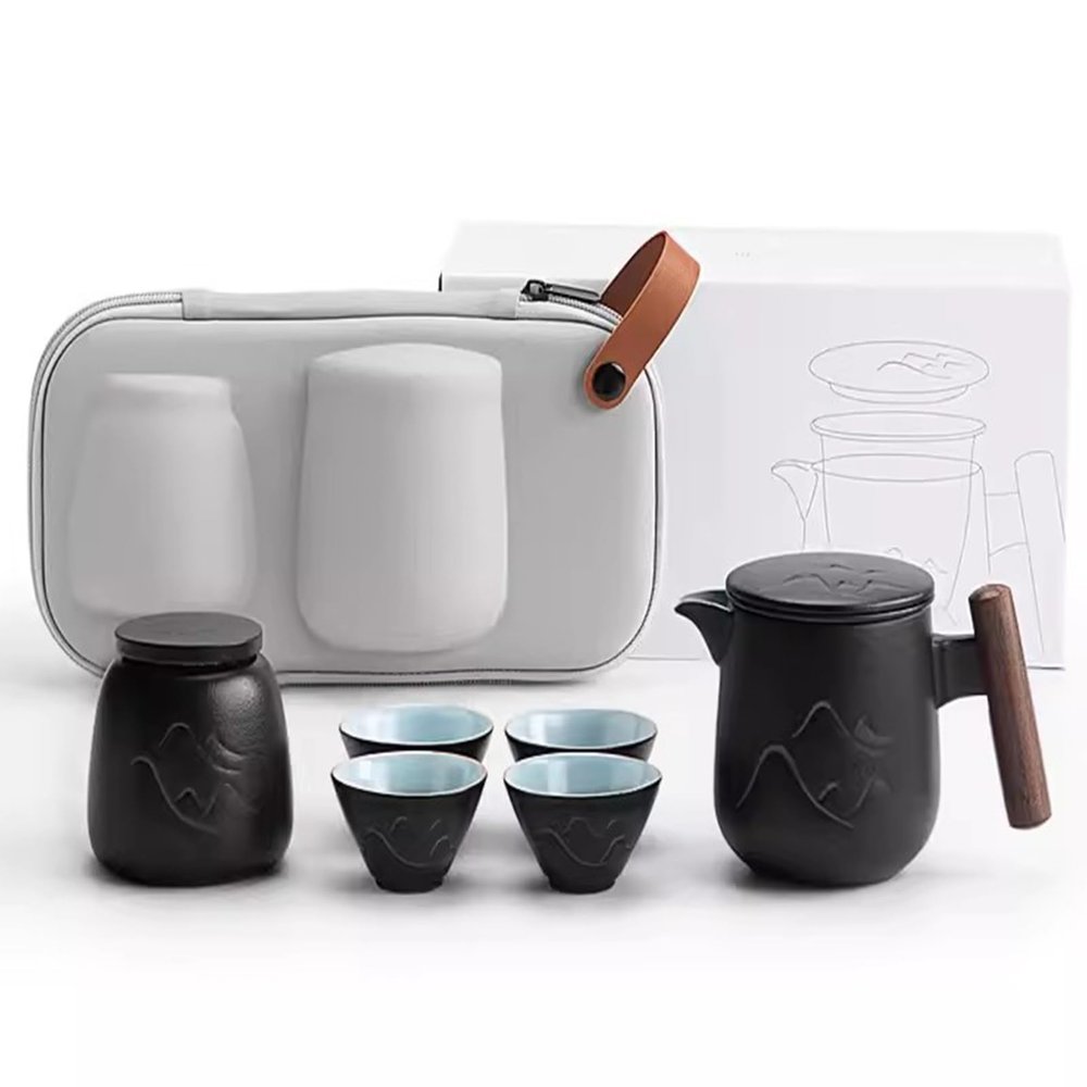 Travel Tea Set, Chinese Tea Pot Cup Set Handmade Portable Travel Kungfu Tea Sets Travel Ceramic Tea Set Portable All In One Storage Box (Color : Black)