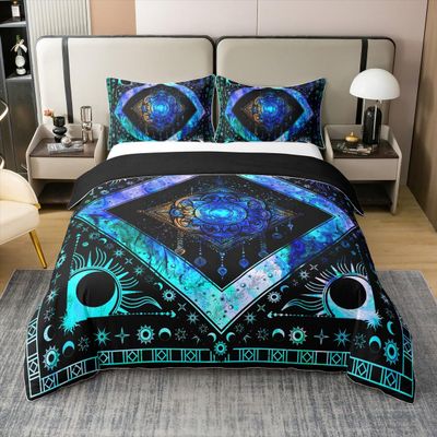 Boho Dream Catcher 100% Cotton Duvet Cover Queen Hippie Sun and Moon Bedding Set Bohemian Exotic Comforter Cover Psychedelic Cosmos Nebula Bed Sets Trippy Ethnic Tribe Bedding with Zipper 3Pcs