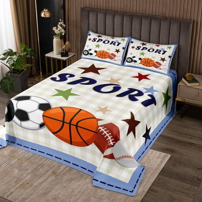 Ball Sports Games Kids Bedspread Queen Size,Baseball Football Basketball Fashion Coverlet Set,Boys Girls Adults Room Decor,Geometric Patchwork Quilted Coverlet,Colorful Bedding Quilt,2 Pillowcases