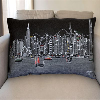 HomeRoots 35" Black Hong Kong Nighttime Skyline Lumbar Decorative Pillow