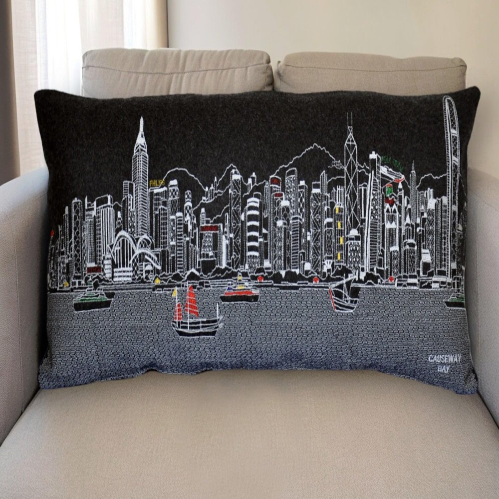 HomeRoots 35" Black Hong Kong Nighttime Skyline Lumbar Decorative Pillow