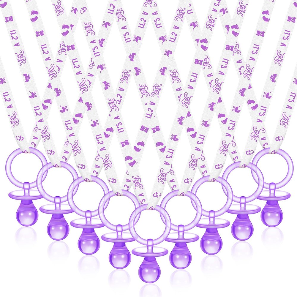 Tigeen 36 Pcs Shower Party Pacifiers Necklace Acrylic Pacifiers Favors Plastic Charm for Shower Party Decorations Table Scatter, Girl Style(Purple, White)