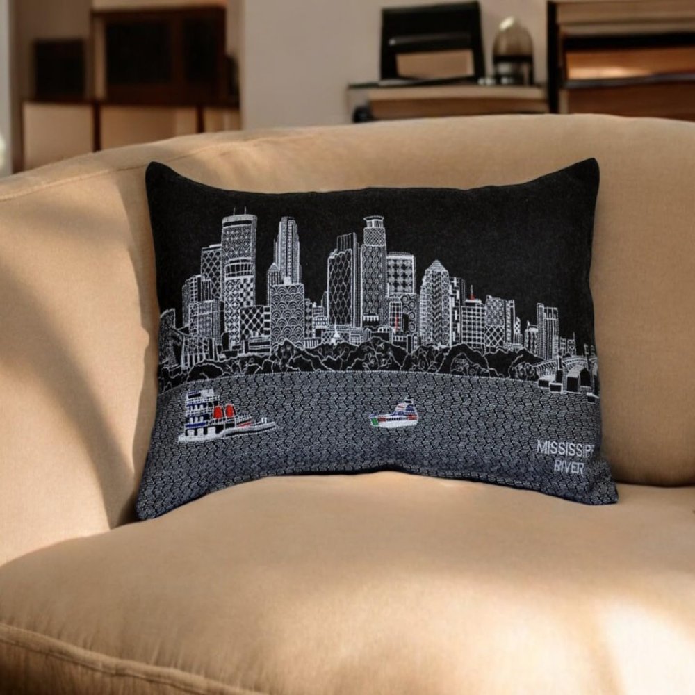 HomeRoots 25" Black Minneapolis Nighttime Skyline Lumbar Decorative Pillow