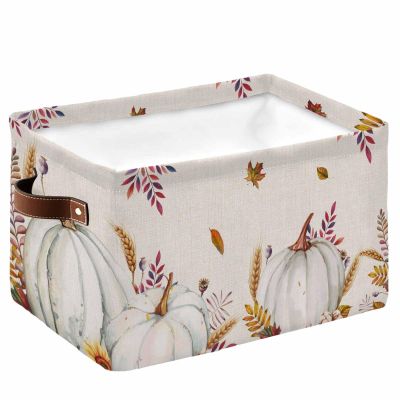 Thanksgiving Storage Basket for Shelves, Watercolor White Pumpkin Fall Leaf Wheat Burlap Storage Cube Fabric Storage Bins, Closet Organizers with Handles for Book, Toys, 15"x11"x9.5", 1 Pack