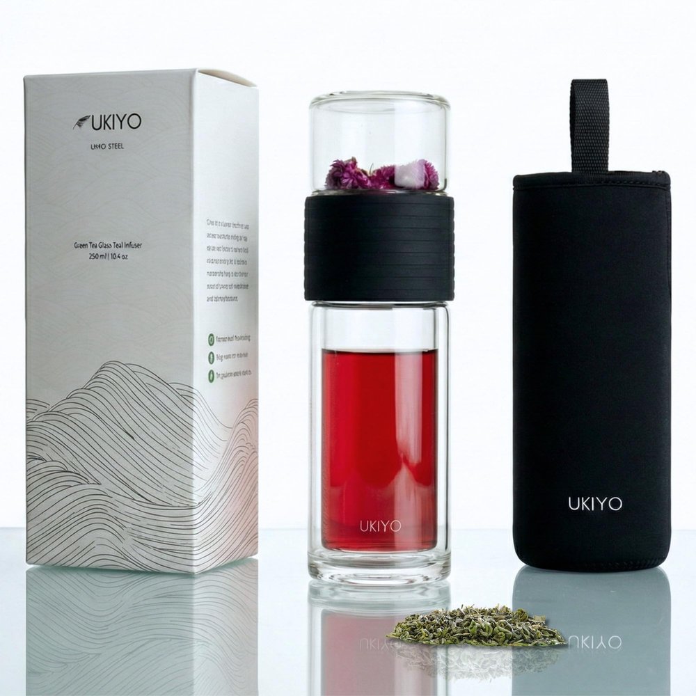 Ukiyo Sense Premium Double-Wall Glass Tea & Fruit Infuser Bottle - Travel Tumbler with Stainless Steel Filter and Neoprene Sleeve