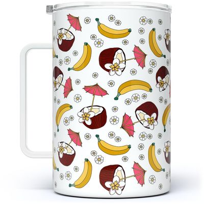 Banana Coconut Summer Insulated Travel Coffee Mug with Lid, Tropical Pool Beach Vacation Vibes Cup