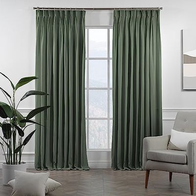 CASANEMA Pinch Pleated Faux Velvet Look Extra Long Room Darkening Home Decor Curtain (1 Panel) Custom Made Curtains - Made in Turkey, Leaf Green (100" W x 95" L)