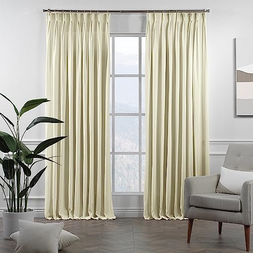 CASANEMA Pinch Pleated Faux Velvet Look Thermal Insulated 100% Blackout Linening Room Darkening Noise Reducing (1 Panel) Custom Made Curtains - Made in Turkey, Cream (52" W x 84" L)