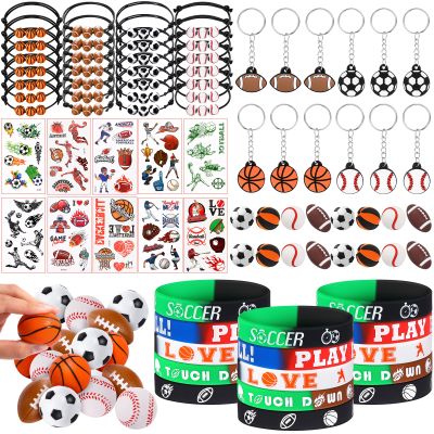 Aoriher 85 Pcs Sport Party Favors, 15 Sets Sport Goodie Silicone Bracelets Mini Stress Ball Keychain Temporary Tattoo Sticker Eraser for Birthday Party Supplies Total