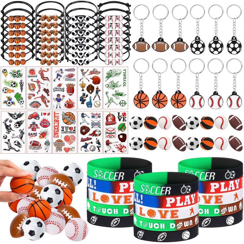 Aoriher 85 Pcs Sport Party Favors, 15 Sets Sport Goodie Silicone Bracelets Mini Stress Ball Keychain Temporary Tattoo Sticker Eraser for Birthday Party Supplies Total