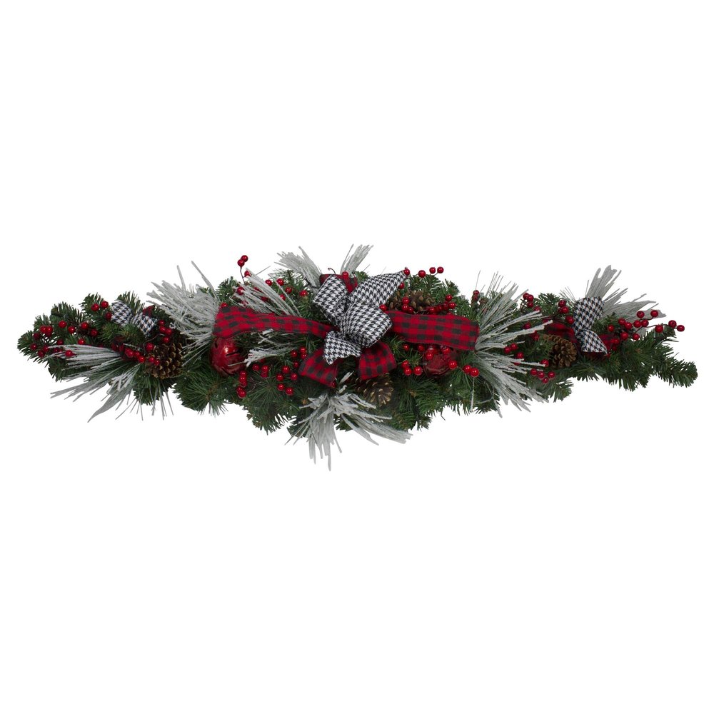 Northlight Houndstooth Bows and Berries Artificial Christmas Swag Unlit, 52", Green