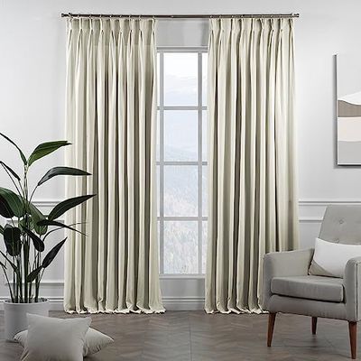 CASANEMA Pinch Pleated Faux Velvet Look Thermal Insulated 100% Blackout Linening Room Darkening Noise Reducing (1 Panel) Custom Made Curtains - Made in Turkey, Ecru (52" W x 180" L)