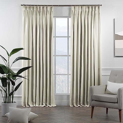 CASANEMA Pinch Pleated Faux Velvet Look Thermal Insulated 100% Blackout Linening Room Darkening Noise Reducing (1 Panel) Custom Made Curtains - Made in Turkey, Ecru (52" W x 180" L)