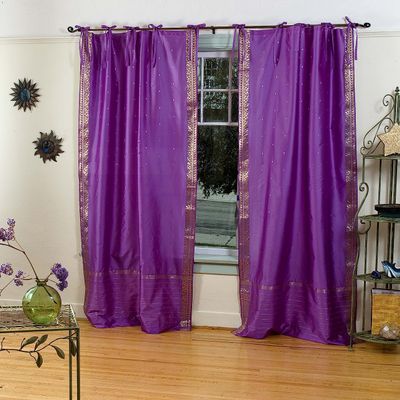 Handcrafted Lavender Indian Sari Curtains, Tiebacks Included Unlined Tie Top Sari Sheer Curtains, 80"W x 84"L, Beauty & Elegance for Living Rooms, Bedrooms, and Dining Rooms, Sold in Pairs
