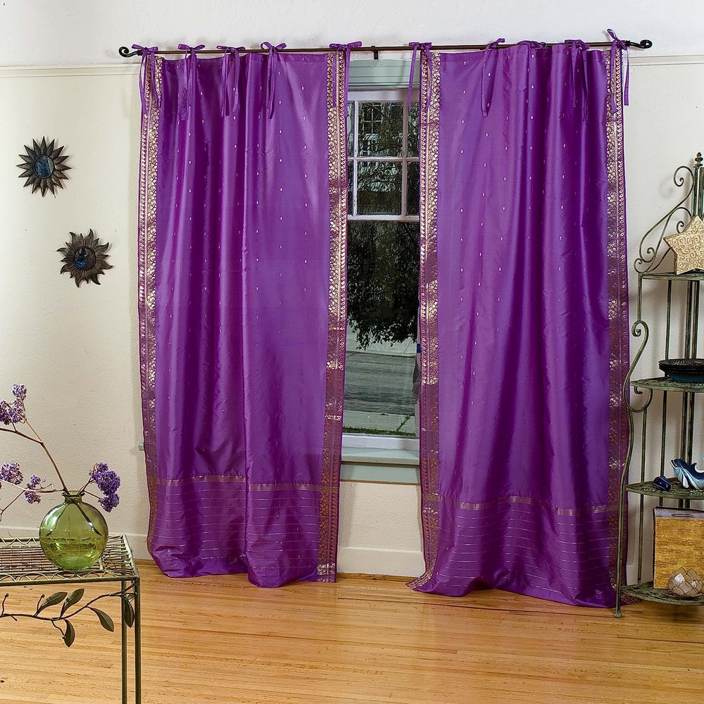 Handcrafted Lavender Indian Sari Curtains, Tiebacks Included Unlined Tie Top Sari Sheer Curtains, 80"W x 84"L, Beauty & Elegance for Living Rooms, Bedrooms, and Dining Rooms, Sold in Pairs