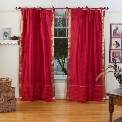 Handcrafted Fire Brick Indian Sari Curtains, Tiebacks Included Unlined Tie Top Sari Sheer Curtains, 80"W x 84"L, Beauty & Elegance for Living Rooms, Bedrooms, and Dining Rooms, Sold in Pairs