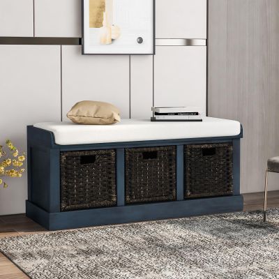 DHAEY Foyer Bench for Entryway,Rustic Storage Bench with Removable Cushion,Wood Storage Bench with 3 Deep Removable Classic Rattan Baskets,Bedroom Entrance Bench,Corner Bench,Antique Navy