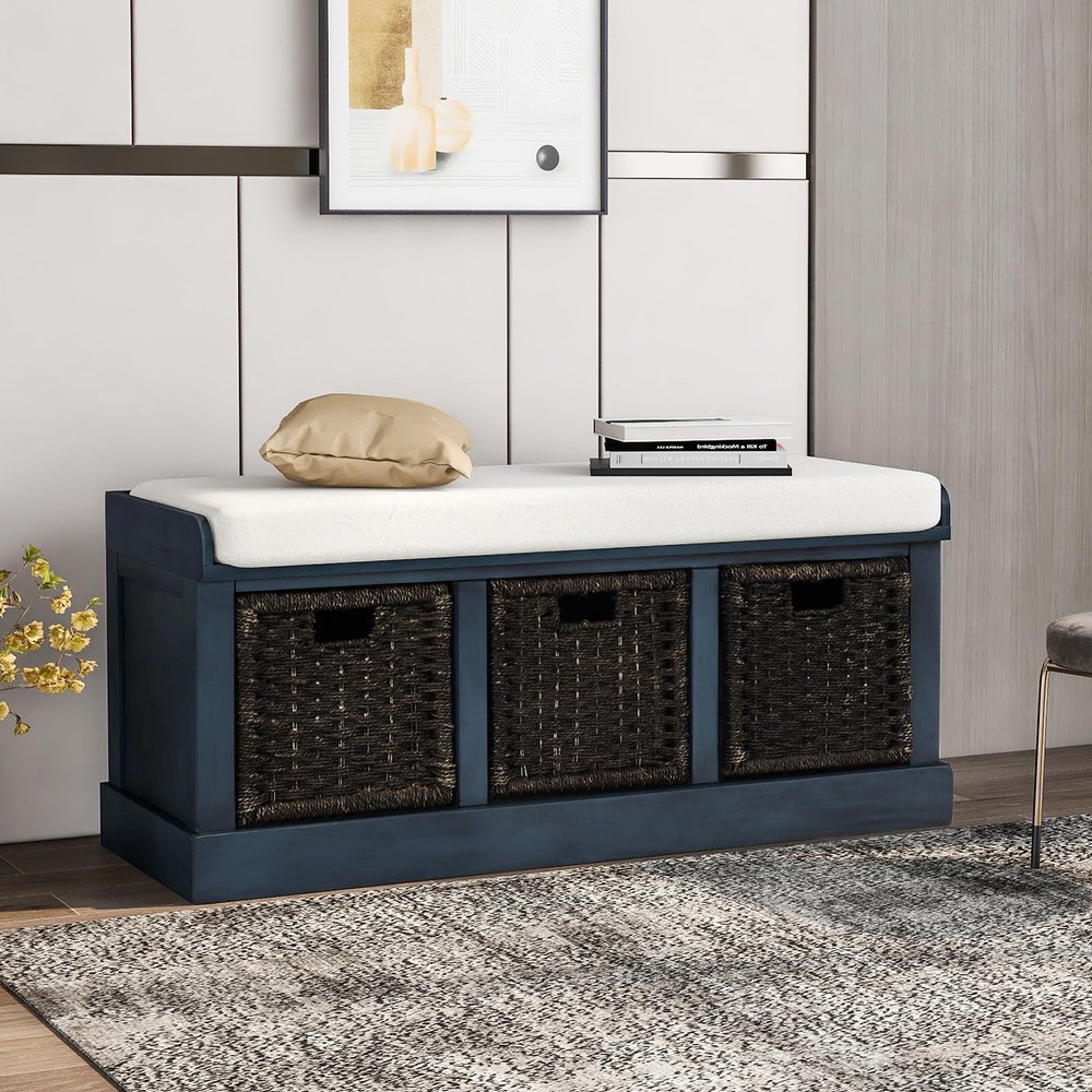 DHAEY Foyer Bench for Entryway,Rustic Storage Bench with Removable Cushion,Wood Storage Bench with 3 Deep Removable Classic Rattan Baskets,Bedroom Entrance Bench,Corner Bench,Antique Navy