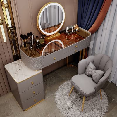 GUAWJRZDP Vanity Desk Set, Makeup Vanity, with 3 Lighting Modes Mirror, with 5 Drawers and upholstered Stool for Bedroom White/Gray (Color : Gray B, Size : 100cm)