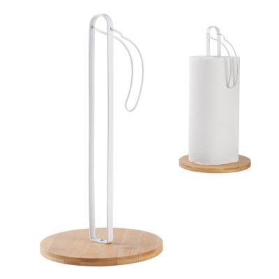 TONLEA Wood Paper Towel Holder with Fixer, Paper Towel Holder Countertop, Kitchen Towel Holder Free-Standing with Fixed or Non-Slip Wooden Base-White
