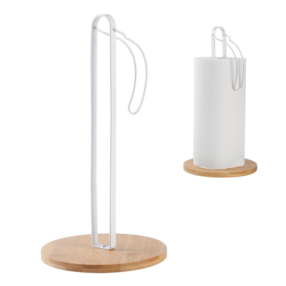TONLEA Wood Paper Towel Holder with Fixer, Paper Towel Holder Countertop, Kitchen Towel Holder Free-Standing with Fixed or Non-Slip Wooden Base-White