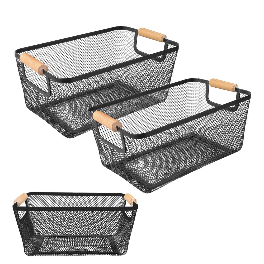 2Pack Metal Mesh Steel Basket with Bamboo Handle - Wire Metal Basket for Kitchen Organization, 12" Wide Food Organizer Bin, Perfect for Organizing Bulk Pantry (BLACK)
