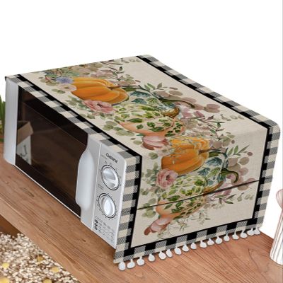 Flower Pumpkins Microwave Dustproof Cover Washer Dust Cover Machine Protector, Thanksgiving Fall Eucalyptus Leaves Plaid Decorative Kitchen Appliance Cover with 2 Pockets 28x67
