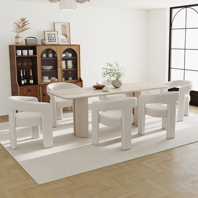 Wahson Modern Dining Chair Set of 6, Velvet Upholstered Barrel Kitchen Chair, Round Dining Chairs with Wooden Legs, Assembled Accent Armchairs for Dining Room/Living Room/Bedroom/Side, Ivory