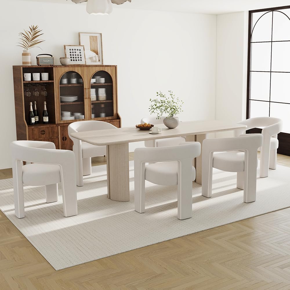 Wahson Modern Dining Chair Set of 6, Velvet Upholstered Barrel Kitchen Chair, Round Dining Chairs with Wooden Legs, Assembled Accent Armchairs for Dining Room/Living Room/Bedroom/Side, Ivory