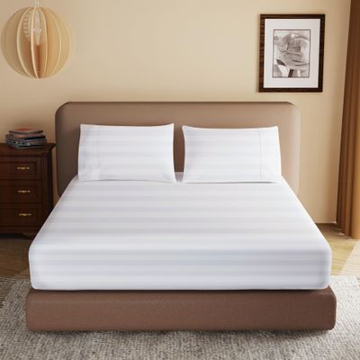 100% Egyptian Cotton Fitted Sheet Twin XL/Split King Size, 600 Thread Count, Single Fitted Sheet Only,16" Deep Pocket Sheet, Soft & Elastic Sateen Weave Bottom Sheet for Home (White-Stripe, Twin XL)