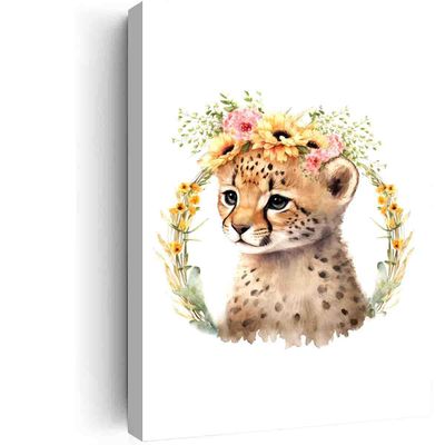 Cheetah Cub Flower Crown,Cute Nursery Botanical Wall Art Print,Safari Animal Pictures Wall Art - Baby Room Animal Prints - Jungle Babies Wall Decor - 12"x18" canvas print with frame