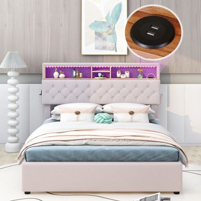 Upholstered Platform Bed with Storage Headboard, Led, USB Charging and 2 Drawers,Platform Bed Frame with Storage Drawers, No Box Spring Needed, Easy Assembly (Beige, Full)