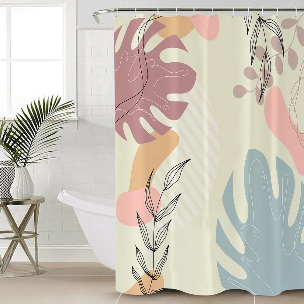 Tersuger Fabric Shower Curtain 60x72 Inch, Boho Abstract Minimalist Geometric Leaves Shower Curtain for Bathroom with Hooks,Waterproof Bath Shower Curtain Sets Decorative Bathroom Accessories