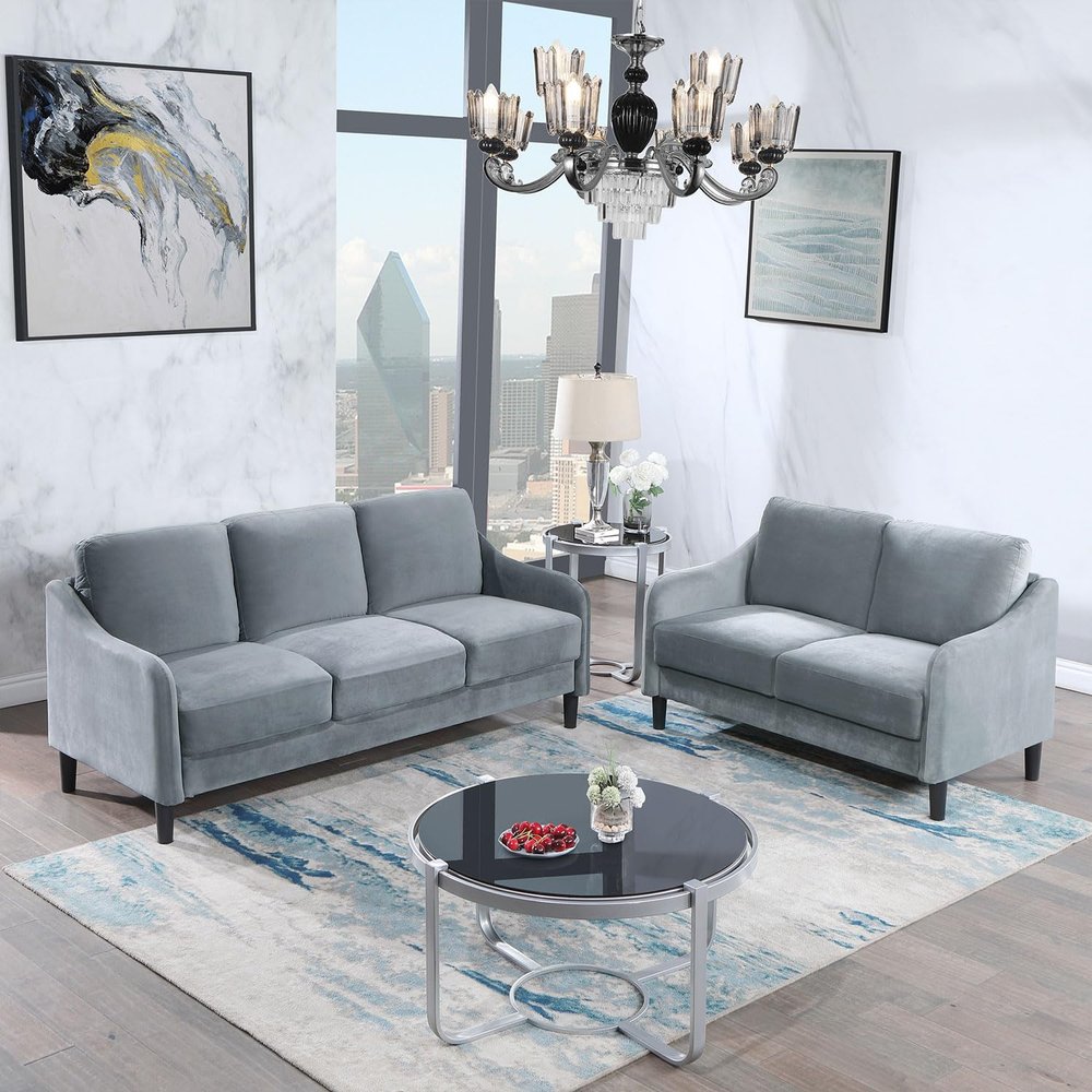 kevinplus Velvet Sofa Couch 2 Set for Living Room, Modern Sectional 2-Pcs Upholstered Sofa Couch for Apartment Bedroom, Loveseat + 3-Seat Sofa, Grey