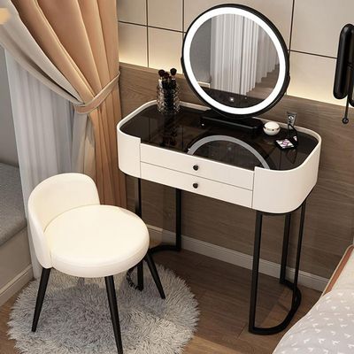 KWOKING Makeup Vanity Desk Glass/Rock Slab Dressing Table with Stool Dressing Table Desk Mirror Integrated Makeup Table White Black - Vanity & Mirror & Fixed Back Stool 24" L x 16" W x 31" H