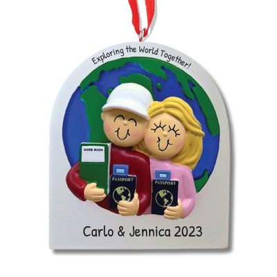 3D Personalized Our First Christmas Ornament 2025 Vacation Couple Ornaments Travel The World Ornament 2025 Family of 2 Male and Blonde Female for Couples Ornaments Couples Unique Gifts
