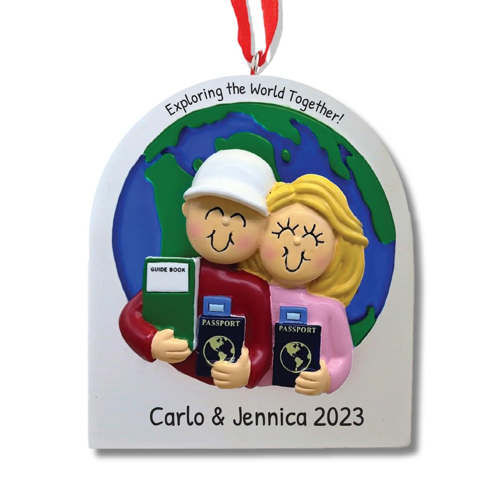 3D Personalized Our First Christmas Ornament 2025 Vacation Couple Ornaments Travel The World Ornament 2025 Family of 2 Male and Blonde Female for Couples Ornaments Couples Unique Gifts