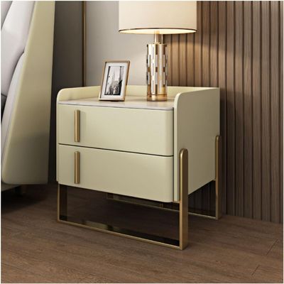 POCHY Nightstand Faux Marble End Table 2 Wood Drawers Bedside Cabinet U Shape Golden Legs Bedside Dress Pu Leather Bedside Table