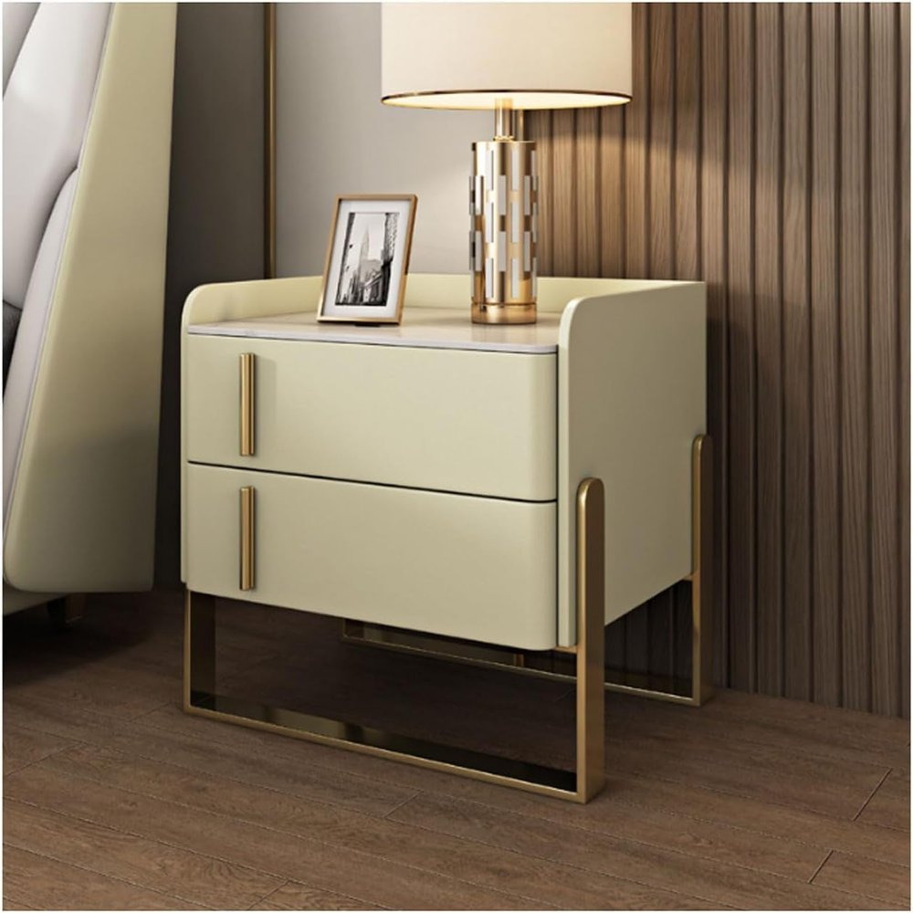 POCHY Nightstand Faux Marble End Table 2 Wood Drawers Bedside Cabinet U Shape Golden Legs Bedside Dress Pu Leather Bedside Table