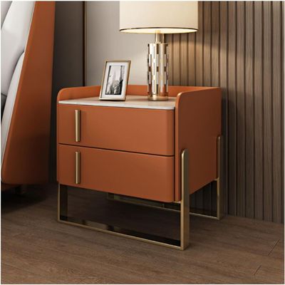 POCHY Nightstand Faux Marble End Table 2 Wood Drawers Bedside Cabinet U Shape Golden Legs Bedside Dress Pu Leather Bedside Table