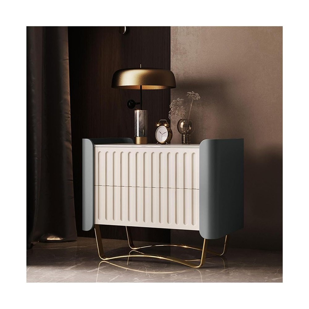POCHY Nightstand Marble Top End Table 2 Drawers Bedside Table Leather Bedside Dress W/Arch-Shaped Gold Metal Feet Bedside Cabinet