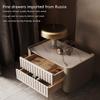 POCHY Nightstand Marble Top End Table 2 Drawers Bedside Table Leather Bedside Dress W/Arch-Shaped Gold Metal Feet Bedside Cabinet view 3
