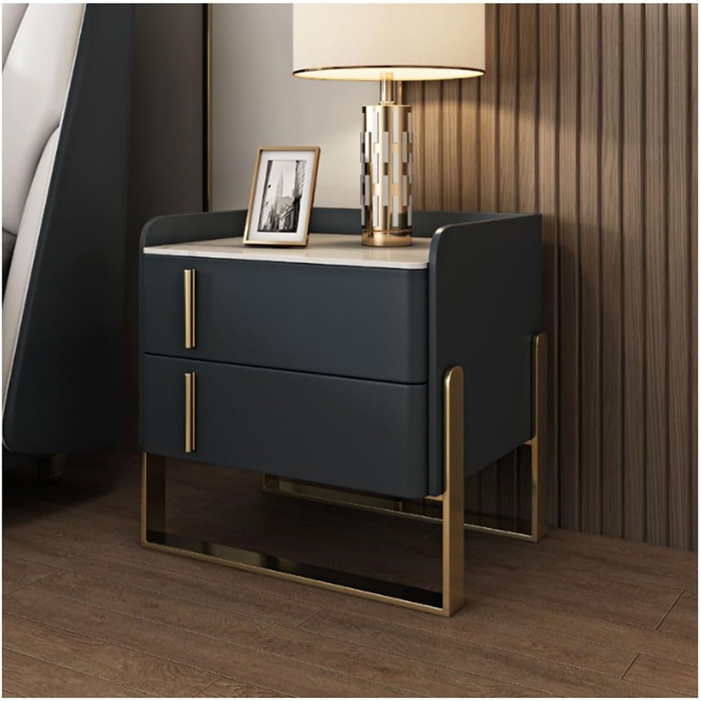 POCHY Nightstand Faux Marble End Table 2 Wood Drawers Bedside Cabinet U Shape Golden Legs Bedside Dress Pu Leather Bedside Table