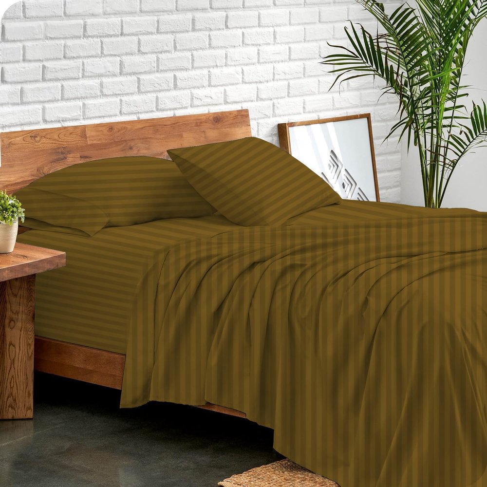 GOKOCO Luxury Soft 4 Piece Sheet Set 800 Thread Count 100% Egyptian Cotton Short Queen Size Bed Sheet Set, Super Soft Sateen Weave, Fit Mattress 12'' Deep Pocket - Taupe Stripe Luxury Sheet Set
