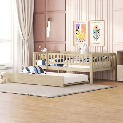 Hlcodca Twin Size Bed Frame with Trundle and Fence Guardrails for Kids Teens Adults, Wood Slat Support, No Box Spring Needed, Easy Assembly (Natural, Twin)